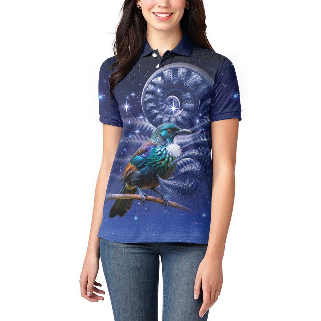 Tui Bird Matariki Galaxy Women Polo Shirt Koru Silver Fern Aotearoa