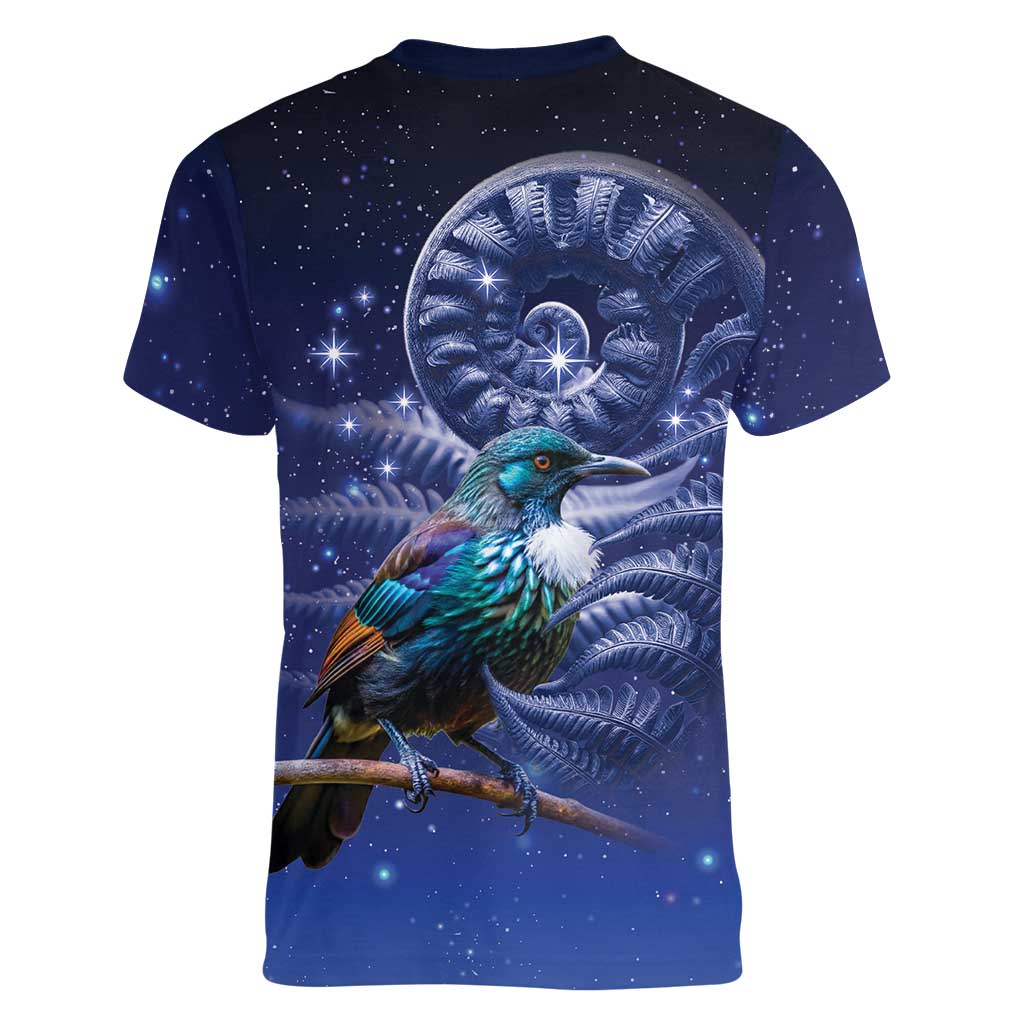 Tui Bird Matariki Galaxy Women V-Neck T-Shirt Koru Silver Fern Aotearoa