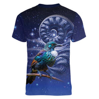 Tui Bird Matariki Galaxy Women V-Neck T-Shirt Koru Silver Fern Aotearoa
