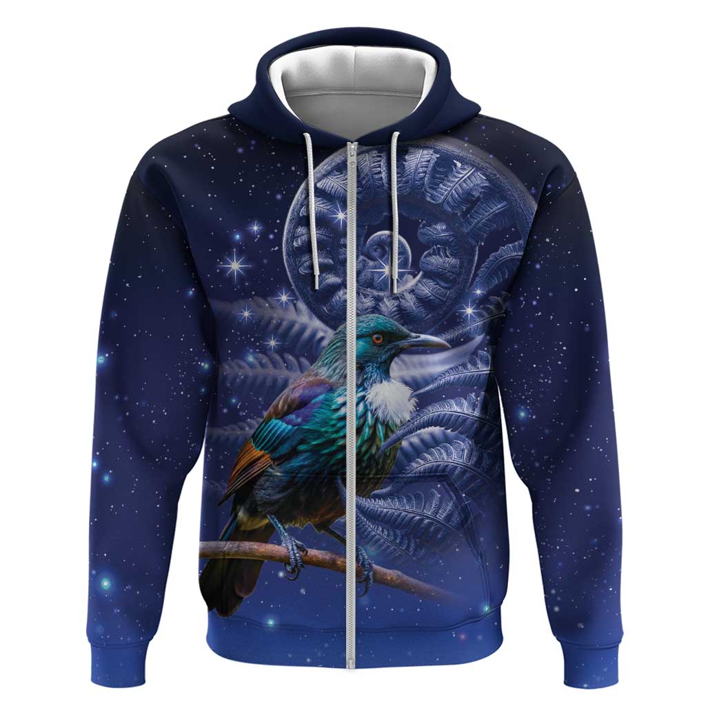 Tui Bird Matariki Galaxy Zip Hoodie Koru Silver Fern Aotearoa