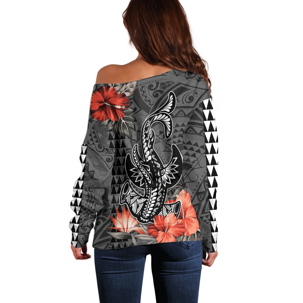 Personalised Hawaii Hammerhead Shark Off Shoulder Sweater Polynesian Vintage Vibes LT9 - Polynesian Pride