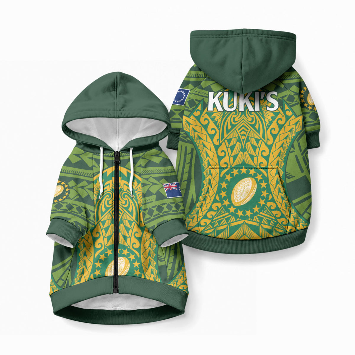 Cook Islands Rugby Pet Hoodie Kukis Athletic Style LT9 Zip-up Green - Polynesian Pride