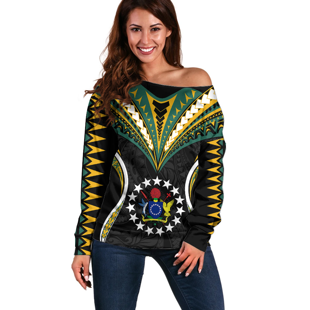 Personalised Polynesian Pride Cook Islands Off Shoulder Sweater Tribal Wave Style LT9 Women Black - Polynesian Pride