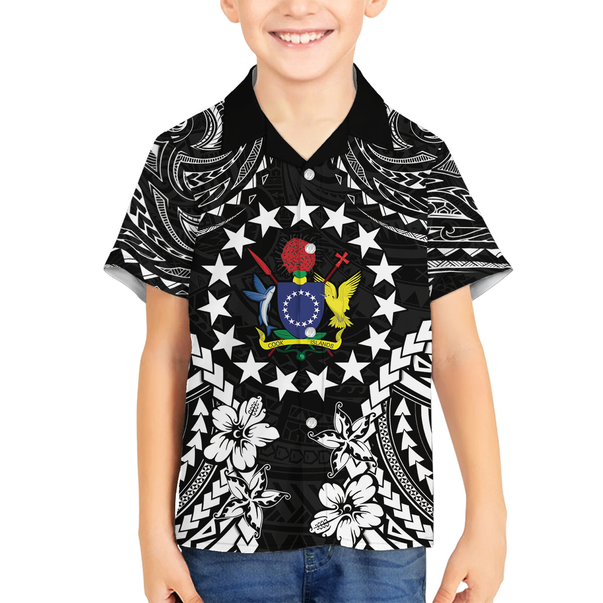 Cook Islands Ra o te Ui Ariki Est 1967 Family Matching Off The Shoulder Long Sleeve Dress and Hawaiian Shirt LT9 Son's Shirt Black - Polynesian Pride