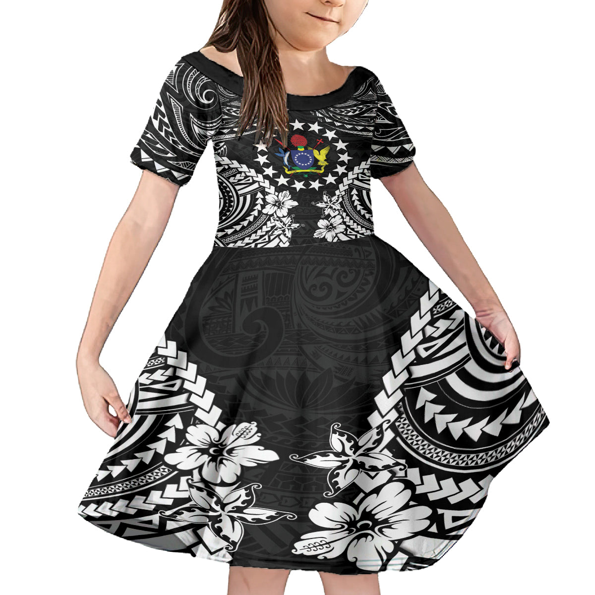 Cook Islands Ra o te Ui Ariki Est 1967 Family Matching Off Shoulder Maxi Dress and Hawaiian Shirt LT9 Daughter's Dress Black - Polynesian Pride