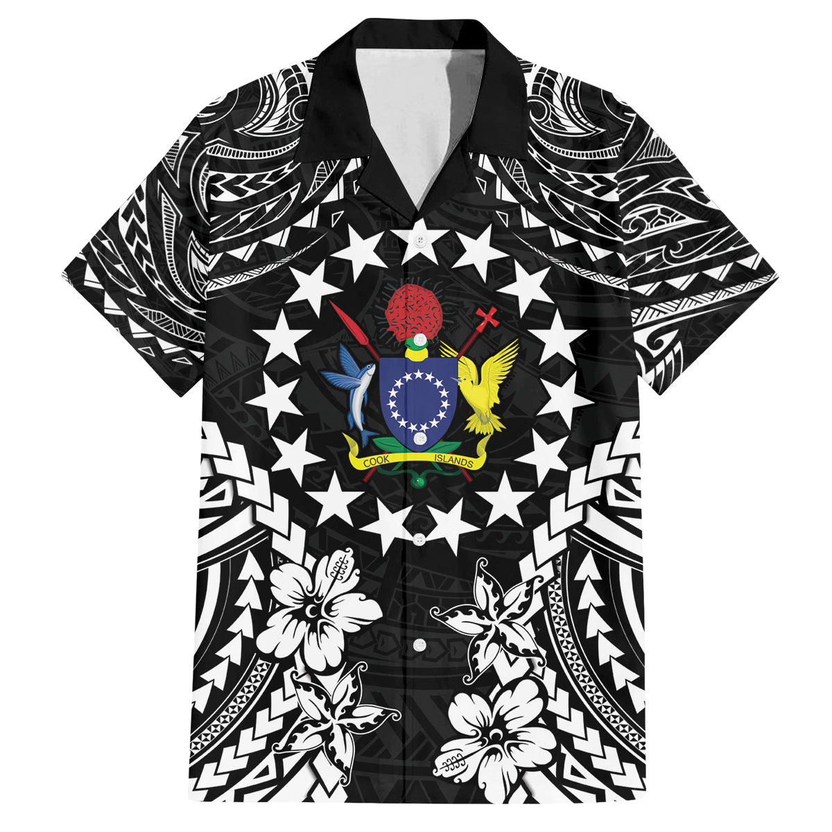 Cook Islands Ra o te Ui Ariki Est 1967 Family Matching Off Shoulder Maxi Dress and Hawaiian Shirt LT9 Dad's Shirt - Short Sleeve Black - Polynesian Pride
