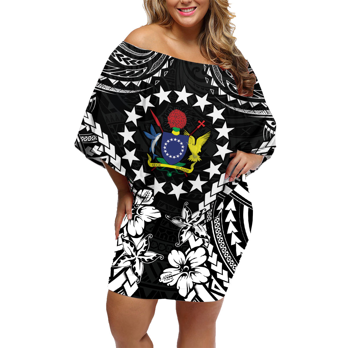 Cook Islands Ra o te Ui Ariki Est 1967 Family Matching Off Shoulder Short Dress and Hawaiian Shirt LT9 Mom's Dress Black - Polynesian Pride