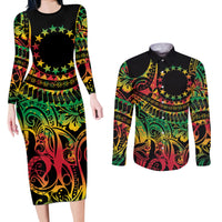 Cook Islands 15 Stars Couples Matching Long Sleeve Bodycon Dress and Long Sleeve Button Shirt Kuki Airani Polynesian Tribal Wave Tattoo LT9 Reggae - Polynesian Pride
