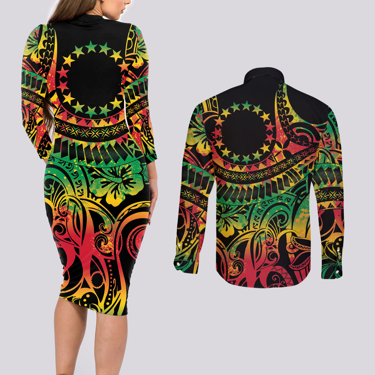 Cook Islands 15 Stars Couples Matching Long Sleeve Bodycon Dress and Long Sleeve Button Shirt Kuki Airani Polynesian Tribal Wave Tattoo LT9 - Polynesian Pride