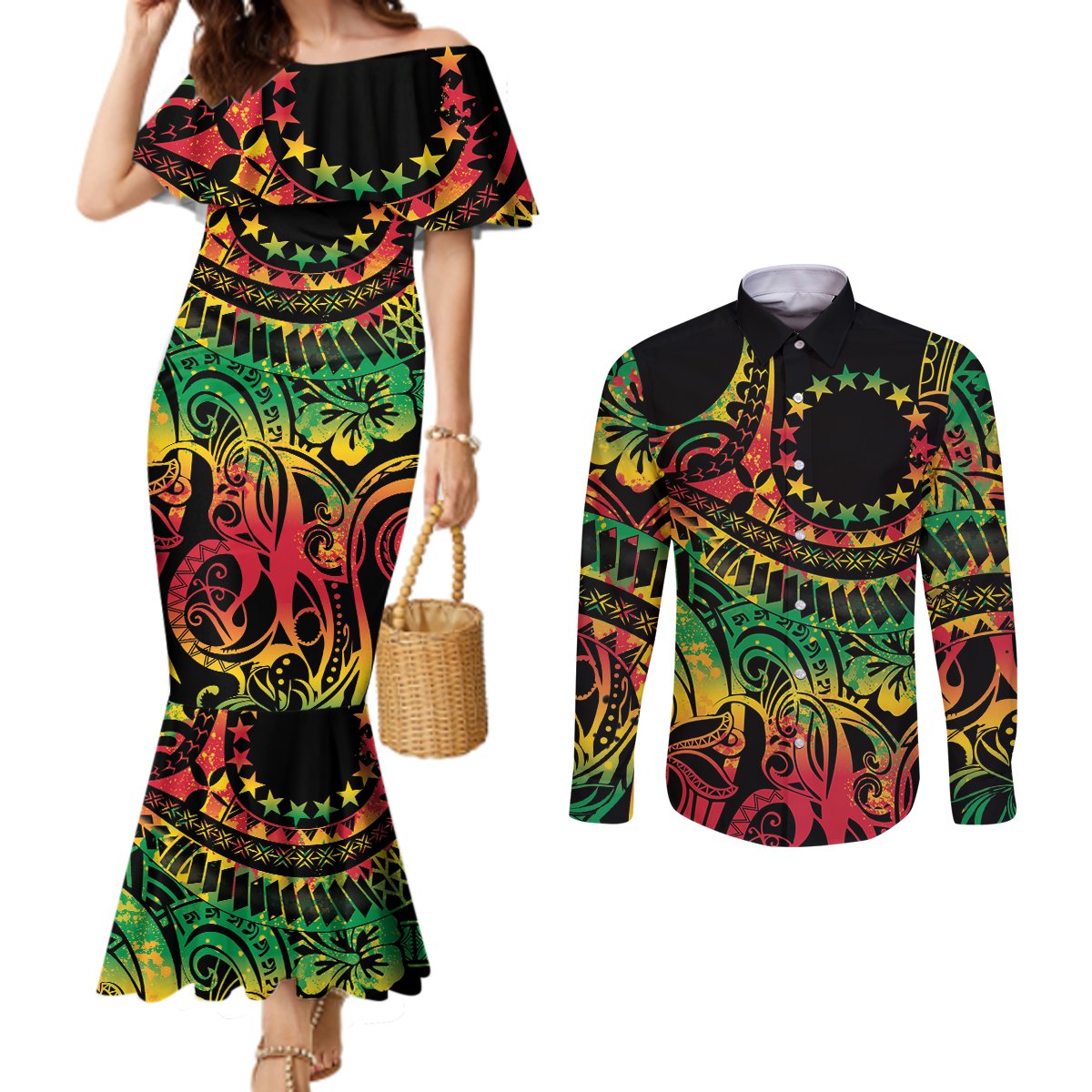 Cook Islands 15 Stars Couples Matching Mermaid Dress and Long Sleeve Button Shirt Kuki Airani Polynesian Tribal Wave Tattoo LT9 Reggae - Polynesian Pride