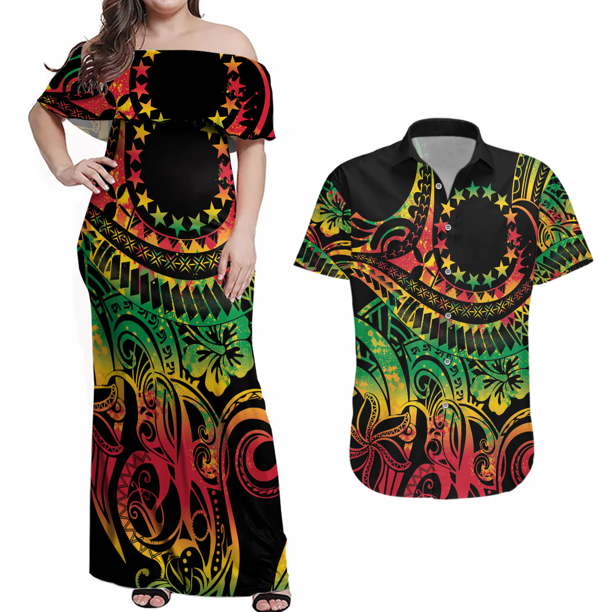 Cook Islands 15 Stars Couples Matching Off Shoulder Maxi Dress and Hawaiian Shirt Kuki Airani Polynesian Tribal Wave Tattoo LT9 Reggae - Polynesian Pride