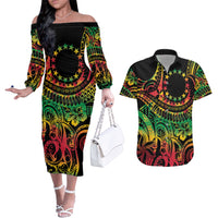 Cook Islands 15 Stars Couples Matching Off The Shoulder Long Sleeve Dress and Hawaiian Shirt Kuki Airani Polynesian Tribal Wave Tattoo LT9 Reggae - Polynesian Pride