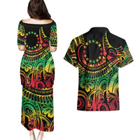 Cook Islands 15 Stars Couples Matching Puletasi and Hawaiian Shirt Kuki Airani Polynesian Tribal Wave Tattoo