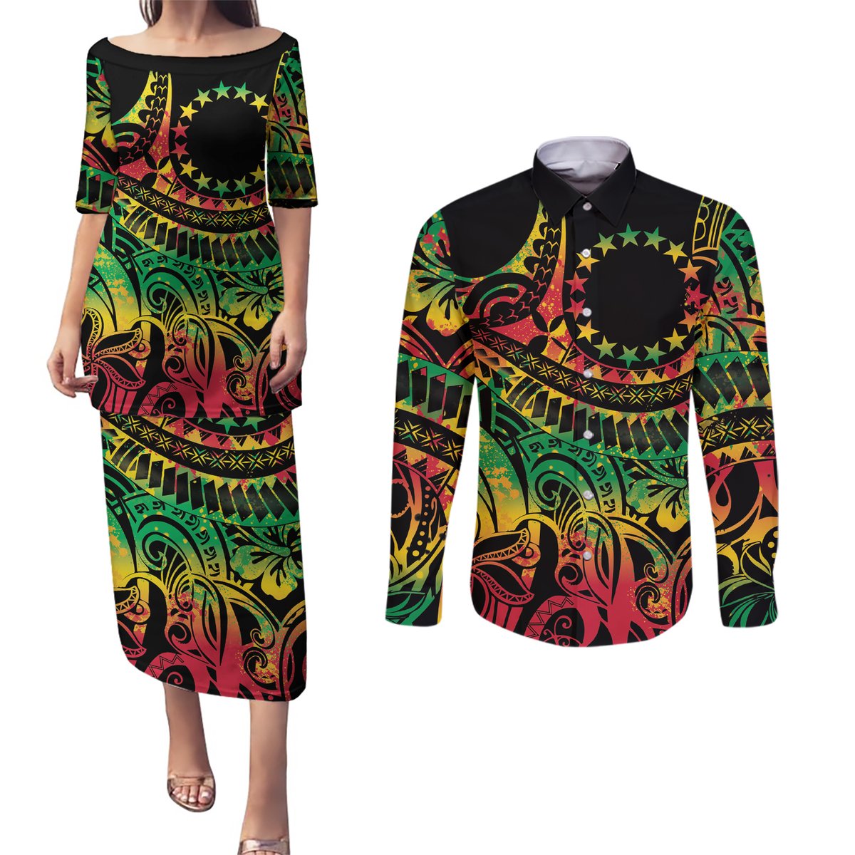 Cook Islands 15 Stars Couples Matching Puletasi and Long Sleeve Button Shirt Kuki Airani Polynesian Tribal Wave Tattoo