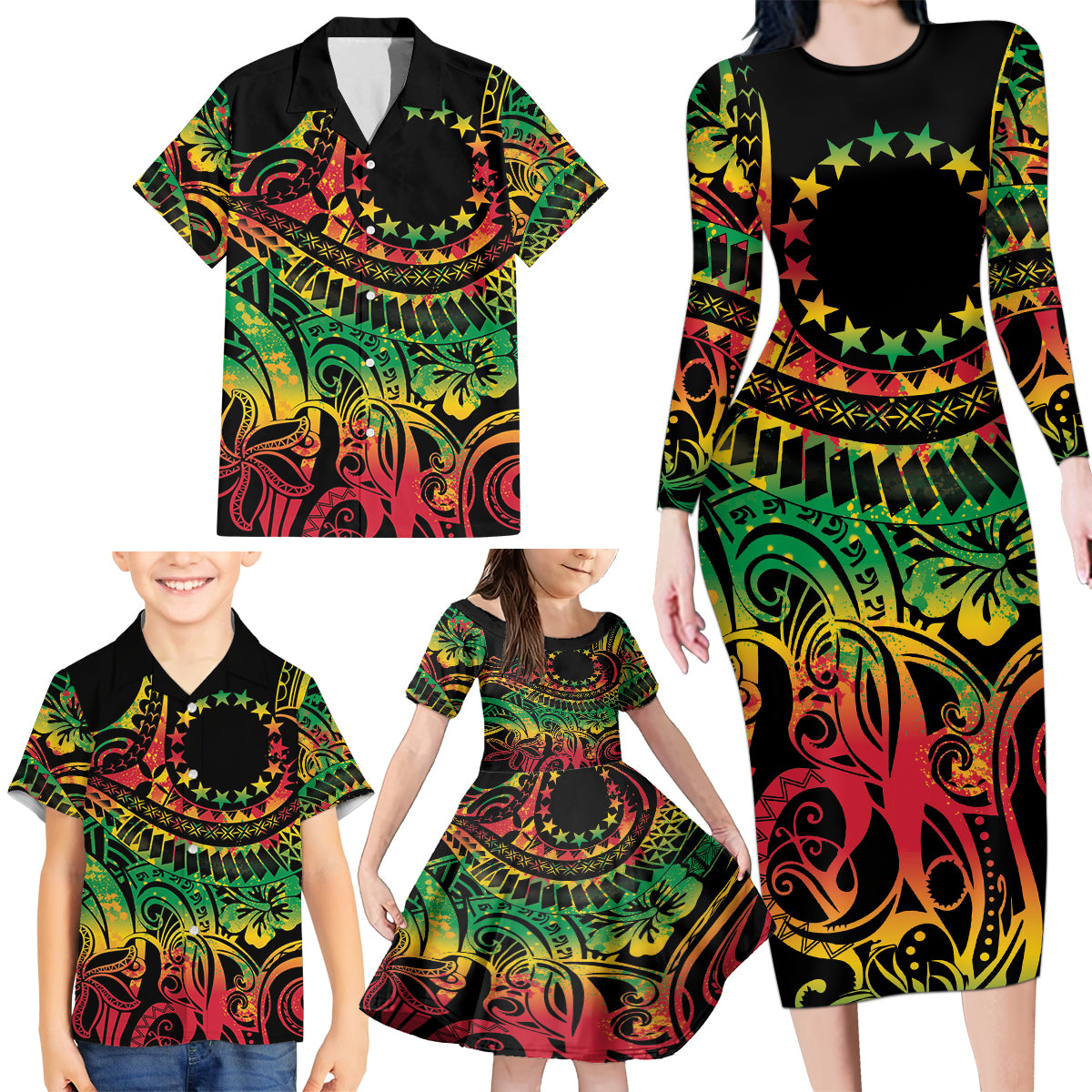 Cook Islands 15 Stars Family Matching Long Sleeve Bodycon Dress and Hawaiian Shirt Kuki Airani Polynesian Tribal Wave Tattoo LT9 - Polynesian Pride