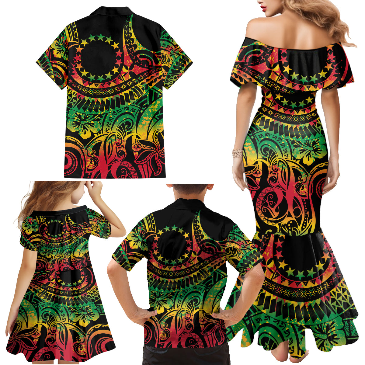 Cook Islands 15 Stars Family Matching Mermaid Dress and Hawaiian Shirt Kuki Airani Polynesian Tribal Wave Tattoo LT9 - Polynesian Pride