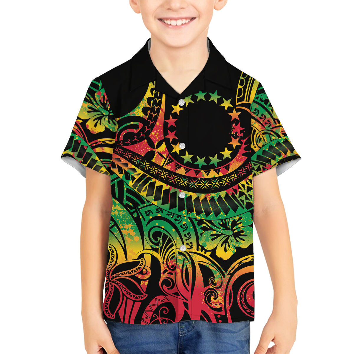 Cook Islands 15 Stars Family Matching Off The Shoulder Long Sleeve Dress and Hawaiian Shirt Kuki Airani Polynesian Tribal Wave Tattoo LT9 Son's Shirt Reggae - Polynesian Pride