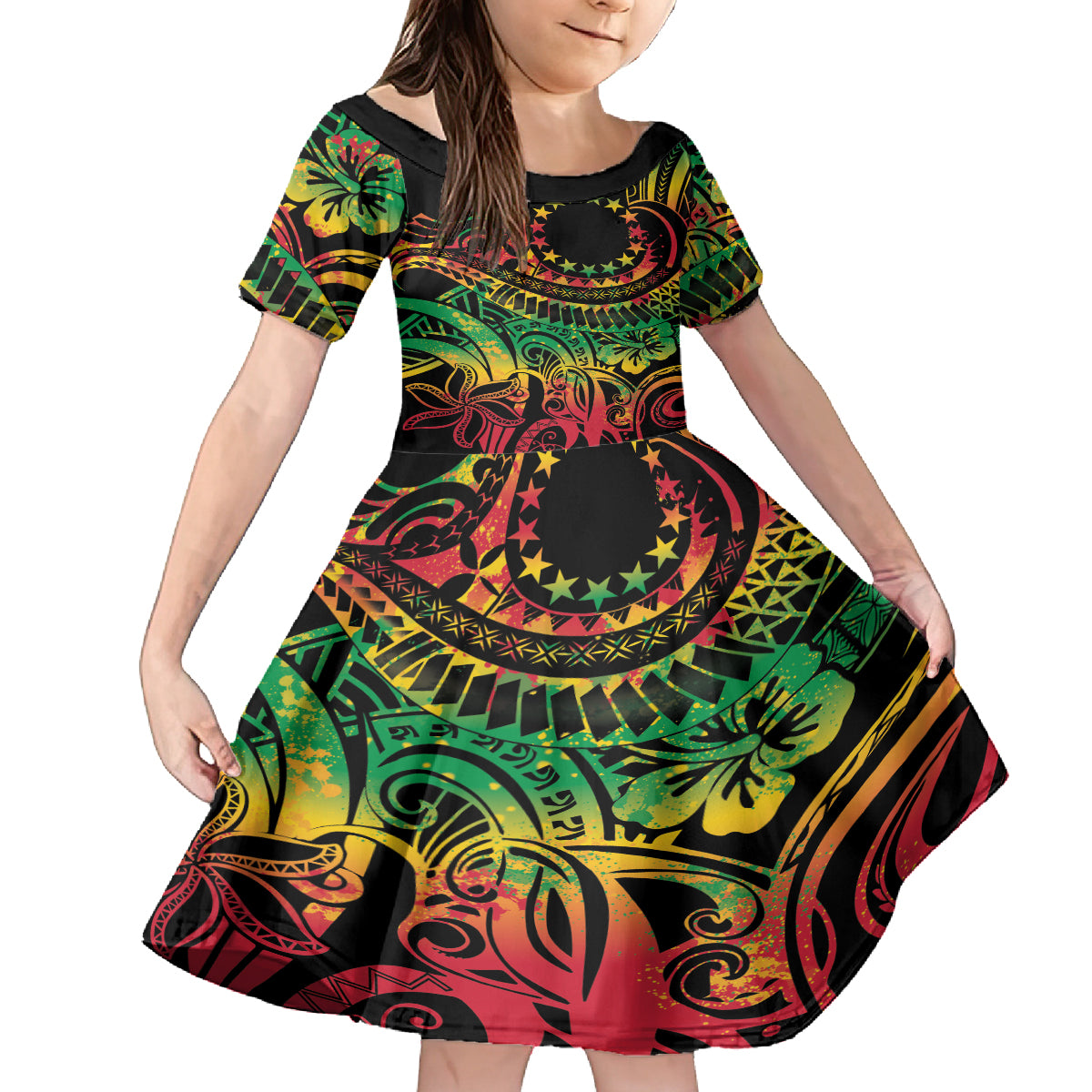 Cook Islands 15 Stars Family Matching Off Shoulder Maxi Dress and Hawaiian Shirt Kuki Airani Polynesian Tribal Wave Tattoo LT9 Daughter's Dress Reggae - Polynesian Pride