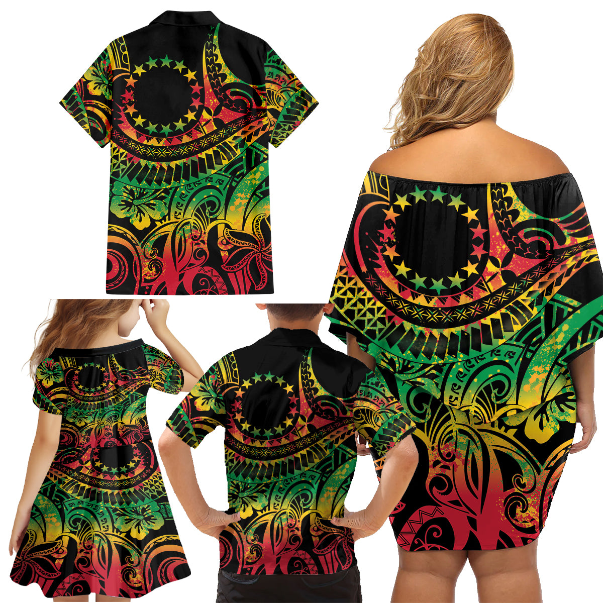 Cook Islands 15 Stars Family Matching Off Shoulder Short Dress and Hawaiian Shirt Kuki Airani Polynesian Tribal Wave Tattoo LT9 - Polynesian Pride
