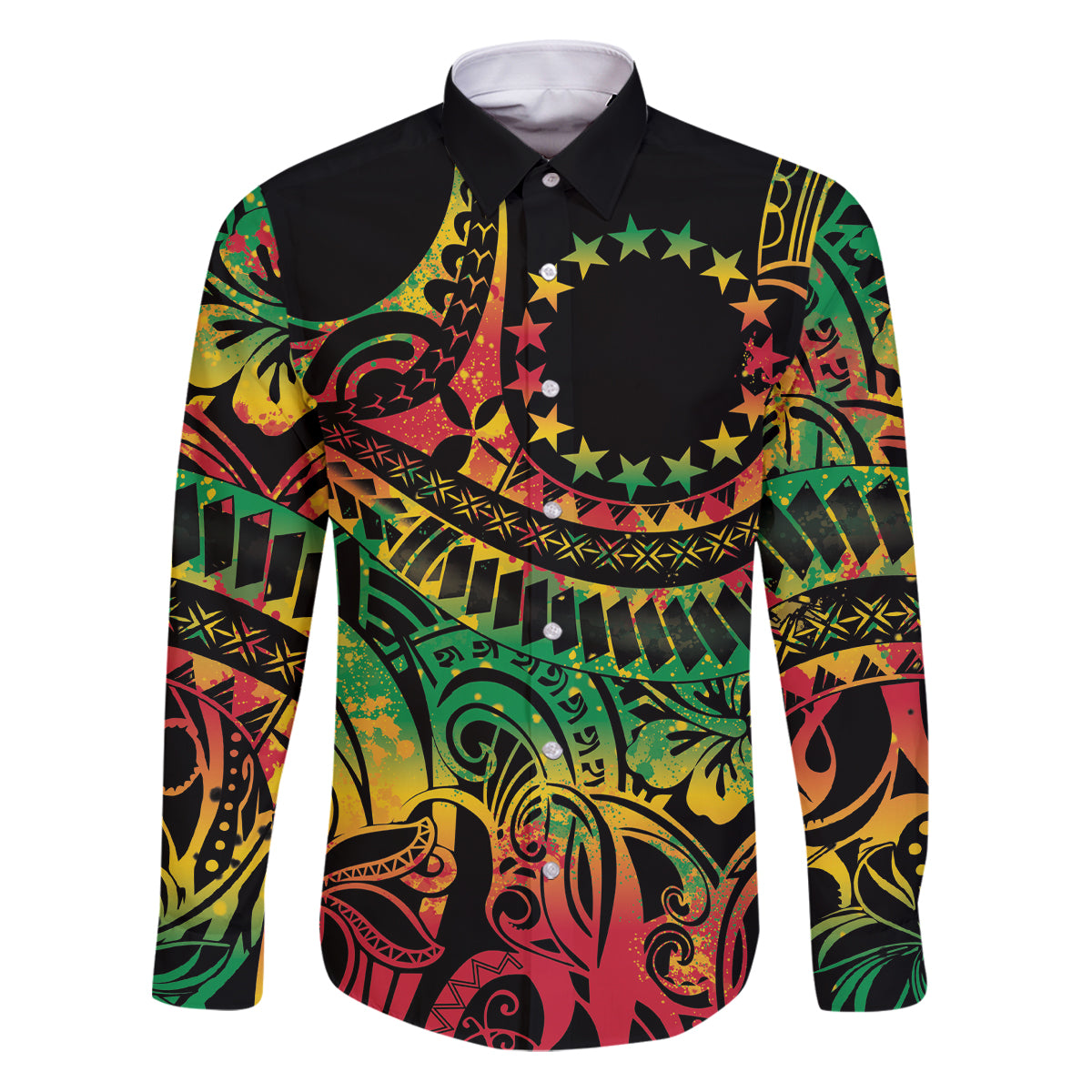 Cook Islands 15 Stars Family Matching Puletasi and Hawaiian Shirt Kuki Airani Polynesian Tribal Wave Tattoo LT9 Dad's Shirt - Long Sleeve Reggae - Polynesian Pride