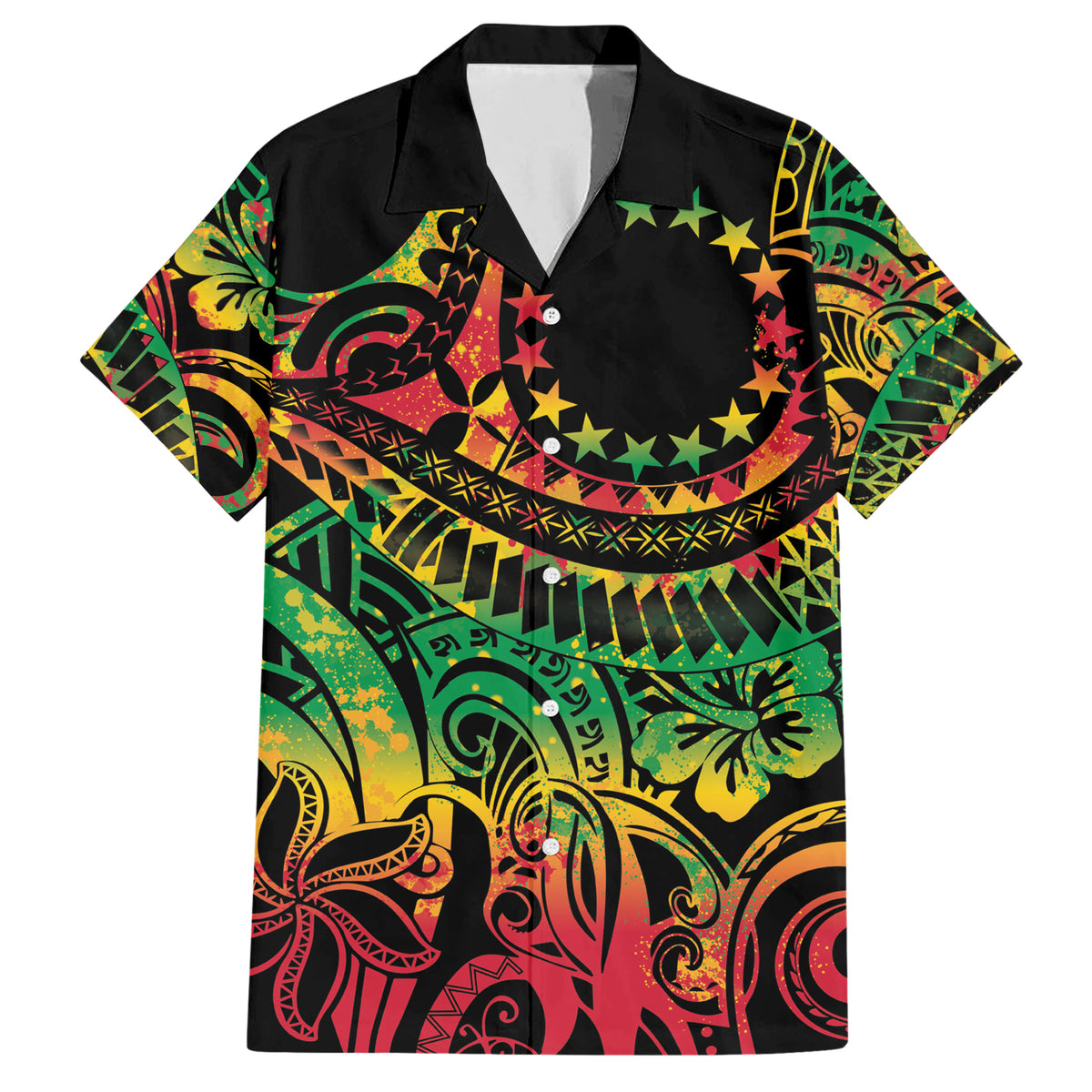 Cook Islands 15 Stars Family Matching Short Sleeve Bodycon Dress and Hawaiian Shirt Kuki Airani Polynesian Tribal Wave Tattoo LT9 Dad's Shirt - Short Sleeve Reggae - Polynesian Pride