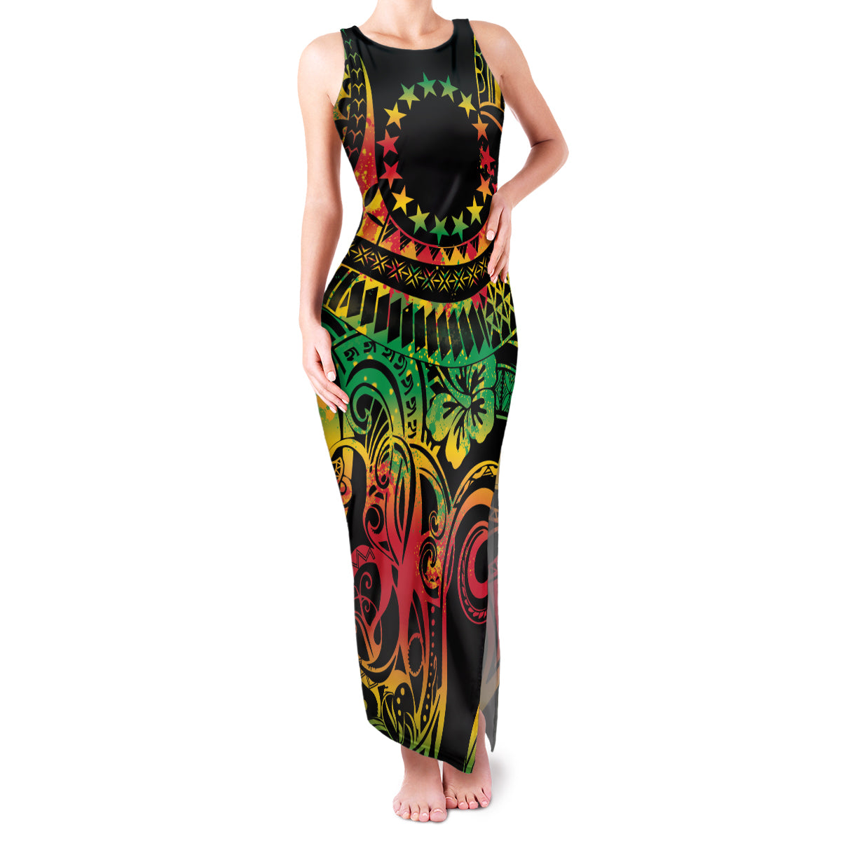 Cook Islands 15 Stars Family Matching Tank Maxi Dress and Hawaiian Shirt Kuki Airani Polynesian Tribal Wave Tattoo LT9 Mom's Dress Reggae - Polynesian Pride