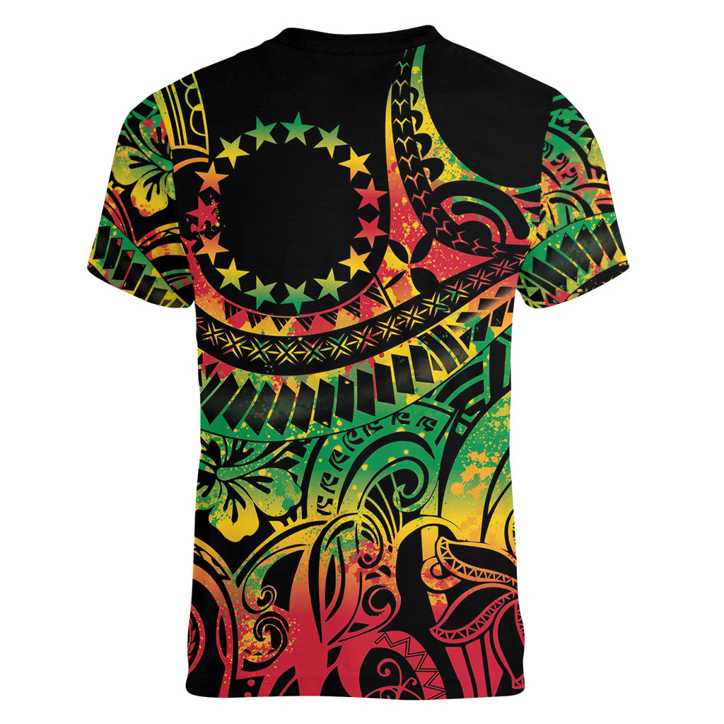 Cook Islands 15 Stars Women V-Neck T-Shirt Kuki Airani Polynesian Tribal Wave Tattoo