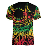 Cook Islands 15 Stars Women V-Neck T-Shirt Kuki Airani Polynesian Tribal Wave Tattoo