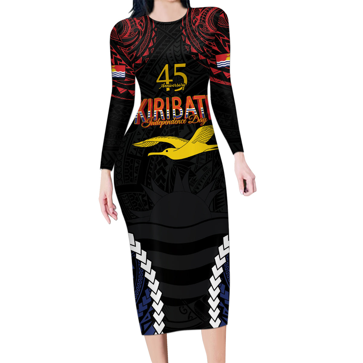 Kiribati 45th Anniversary Independence Day Family Matching Long Sleeve Bodycon Dress and Hawaiian Shirt Since 1979 LT9 Mom's Dress Black - Polynesian Pride