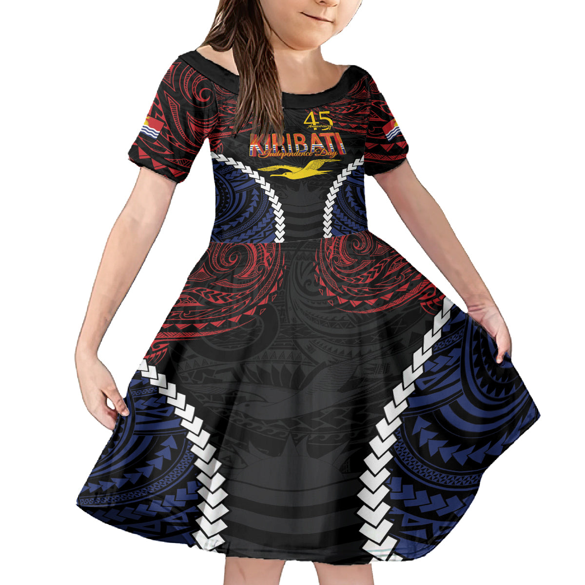 Kiribati 45th Anniversary Independence Day Family Matching Off The Shoulder Long Sleeve Dress and Hawaiian Shirt Since 1979 LT9 Daughter's Dress Black - Polynesian Pride