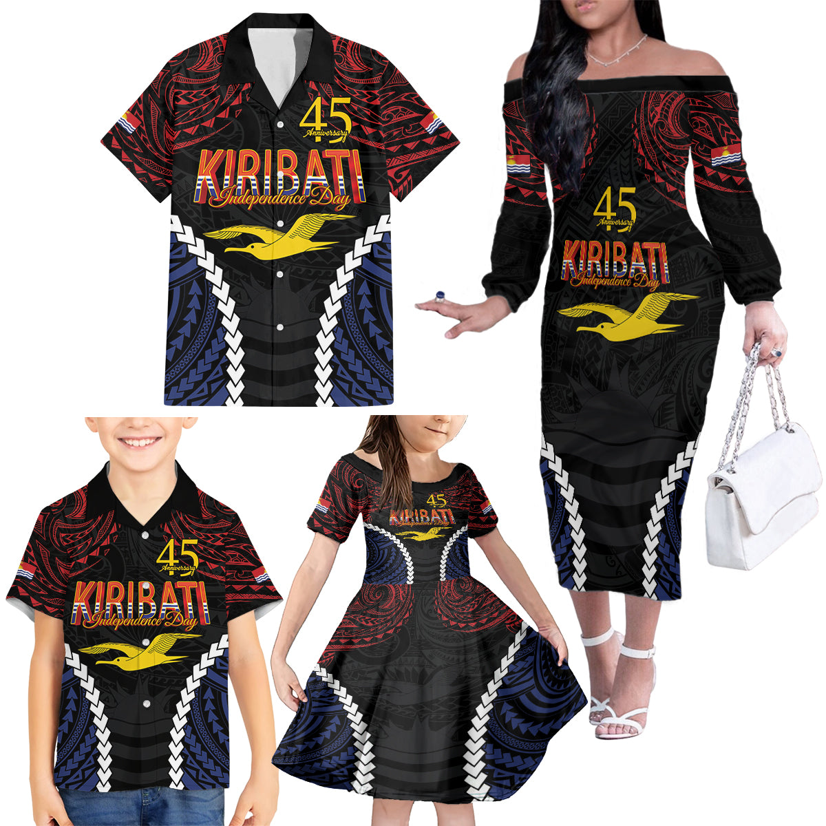 Kiribati 45th Anniversary Independence Day Family Matching Off The Shoulder Long Sleeve Dress and Hawaiian Shirt Since 1979 LT9 - Polynesian Pride
