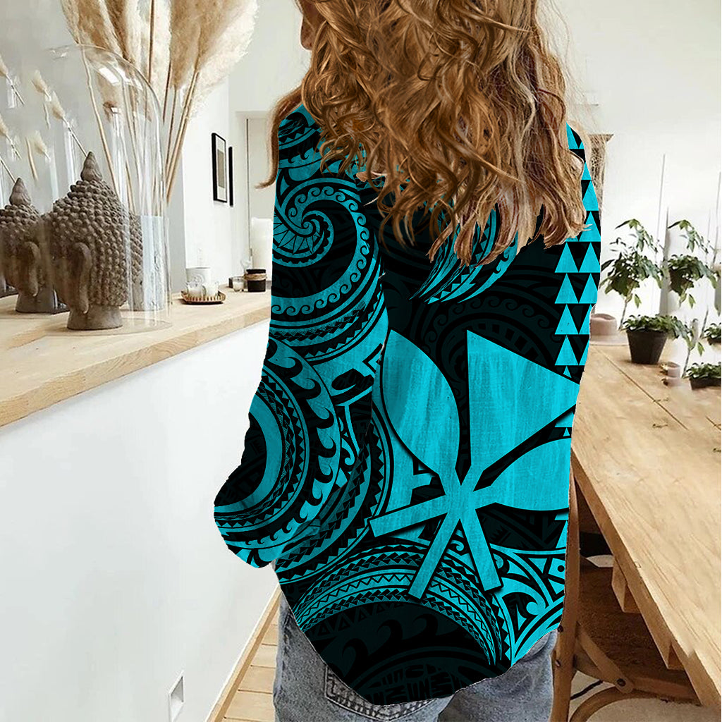 Custom King Kamehameha Day Hawaii Women Casual Shirt Paradise of the Pacific Tribal Kakau - Aqua LT9 - Polynesian Pride