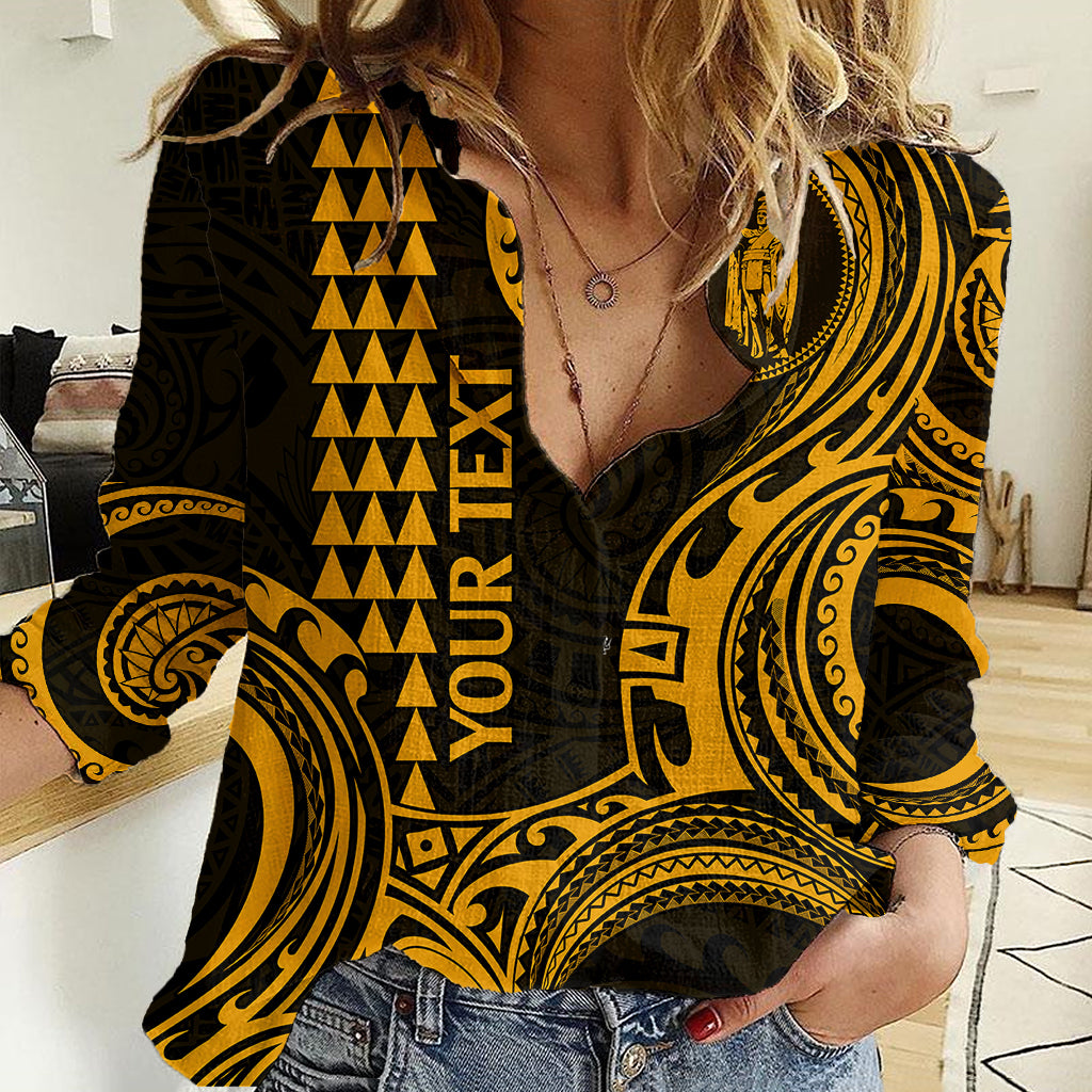 Custom King Kamehameha Day Hawaii Women Casual Shirt Paradise of the Pacific Tribal Kakau - Gold LT9 Female Gold - Polynesian Pride