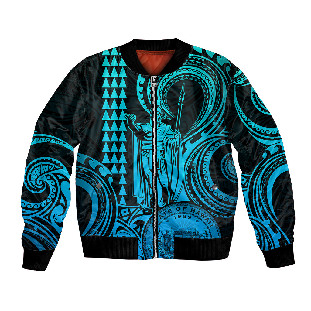 King Kamehameha Day Hawaii Bomber Jacket Paradise of the Pacific Tribal Kakau with Kanaka Maoli - Aqua LT9 Unisex Aqua - Polynesian Pride