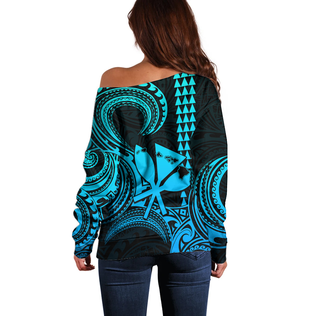 King Kamehameha Day Hawaii Off Shoulder Sweater Paradise of the Pacific Tribal Kakau with Kanaka Maoli - Aqua LT9 - Polynesian Pride