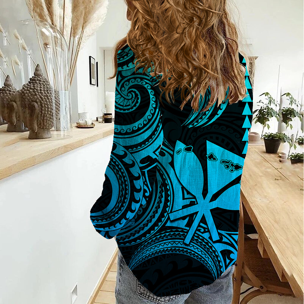King Kamehameha Day Hawaii Women Casual Shirt Paradise of the Pacific Tribal Kakau with Kanaka Maoli - Aqua LT9 - Polynesian Pride
