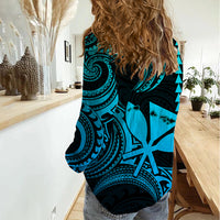 King Kamehameha Day Hawaii Women Casual Shirt Paradise of the Pacific Tribal Kakau with Kanaka Maoli - Aqua LT9 - Polynesian Pride