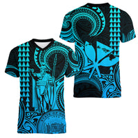 King Kamehameha Day Hawaii Women V Neck T Shirt Paradise of the Pacific Tribal Kakau with Kanaka Maoli - Aqua LT9 - Polynesian Pride