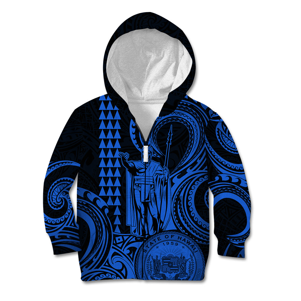 King Kamehameha Day Hawaii Kid Hoodie Paradise of the Pacific Tribal Kakau with Kanaka Maoli - Blue LT9 - Polynesian Pride