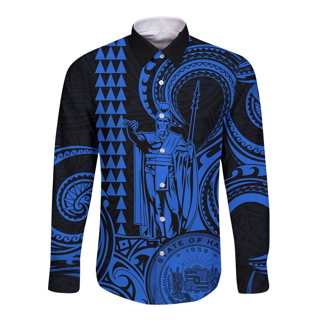 King Kamehameha Day Hawaii Long Sleeve Button Shirt Paradise of the Pacific Tribal Kakau with Kanaka Maoli - Blue LT9 Unisex Blue - Polynesian Pride