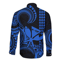 King Kamehameha Day Hawaii Long Sleeve Button Shirt Paradise of the Pacific Tribal Kakau with Kanaka Maoli - Blue LT9 - Polynesian Pride