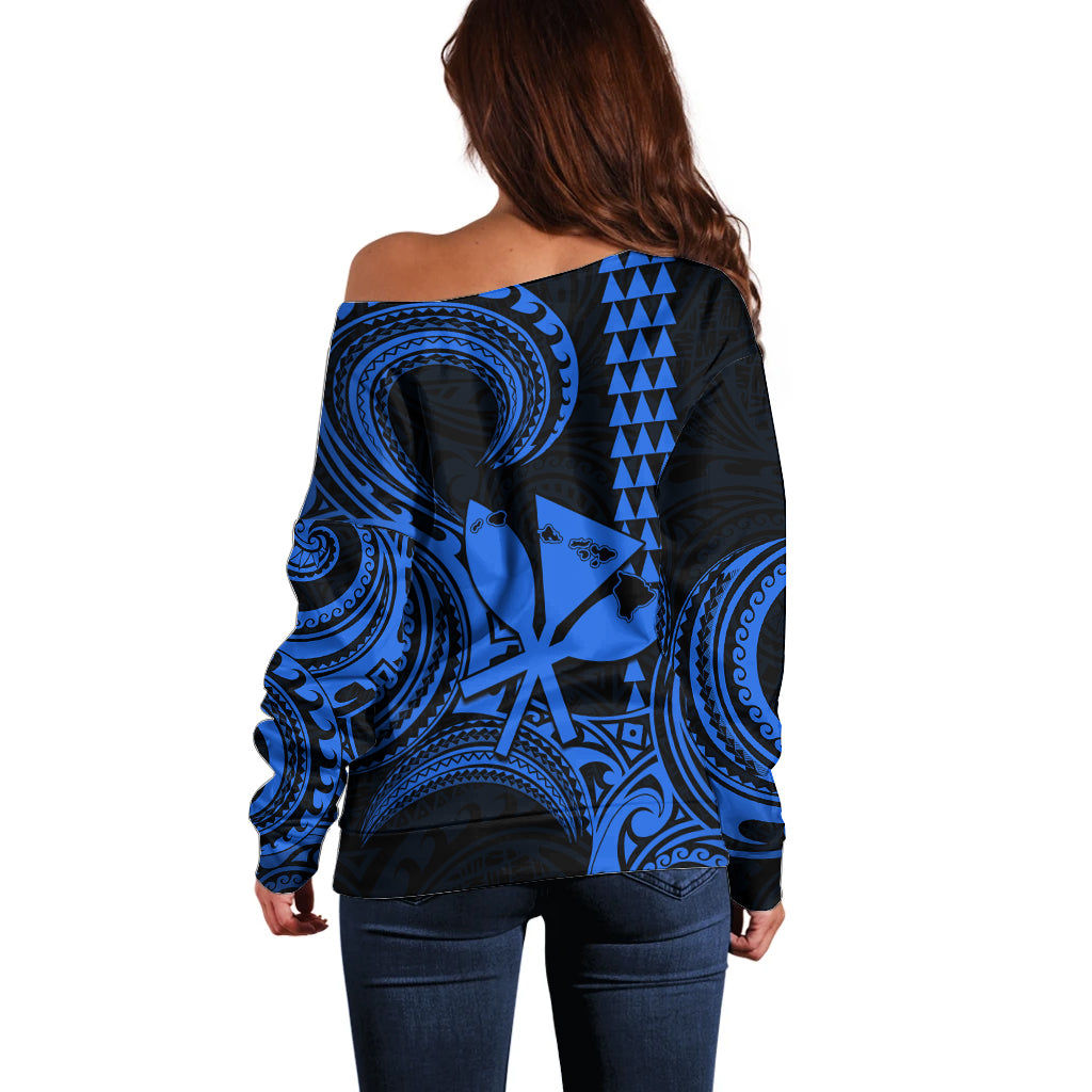 King Kamehameha Day Hawaii Off Shoulder Sweater Paradise of the Pacific Tribal Kakau with Kanaka Maoli - Blue LT9 - Polynesian Pride