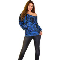 King Kamehameha Day Hawaii Off Shoulder Sweater Paradise of the Pacific Tribal Kakau with Kanaka Maoli - Blue LT9 - Polynesian Pride