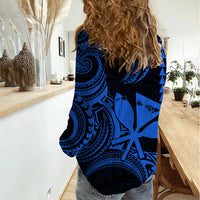 King Kamehameha Day Hawaii Women Casual Shirt Paradise of the Pacific Tribal Kakau with Kanaka Maoli - Blue LT9 - Polynesian Pride