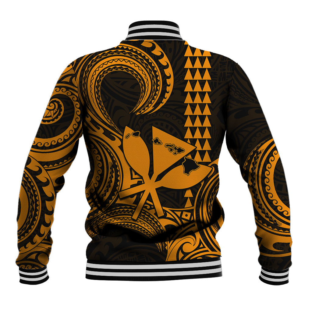 King Kamehameha Day Hawaii Baseball Jacket Paradise of the Pacific Tribal Kakau with Kanaka Maoli - Gold LT9 - Polynesian Pride