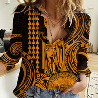 King Kamehameha Day Hawaii Women Casual Shirt Paradise of the Pacific Tribal Kakau with Kanaka Maoli - Gold LT9 Female Gold - Polynesian Pride