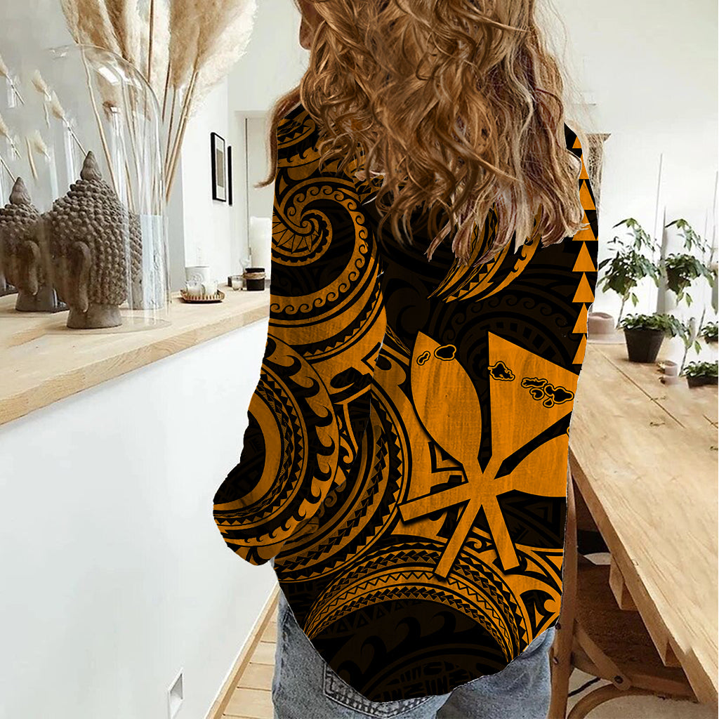 King Kamehameha Day Hawaii Women Casual Shirt Paradise of the Pacific Tribal Kakau with Kanaka Maoli - Gold LT9 - Polynesian Pride