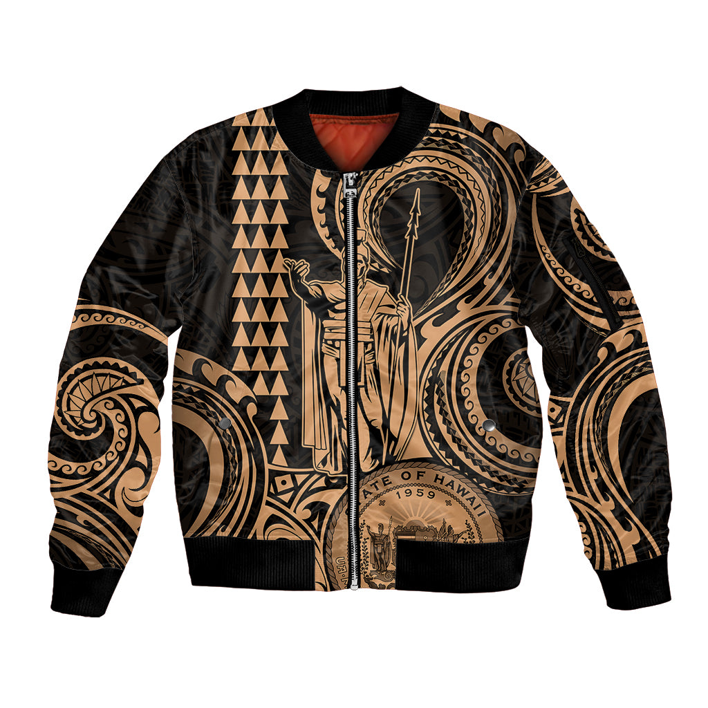 King Kamehameha Day Hawaii Sleeve Zip Bomber Jacket Paradise of the Pacific Tribal Kakau with Kanaka Maoli - Nude LT9 Unisex Nude - Polynesian Pride