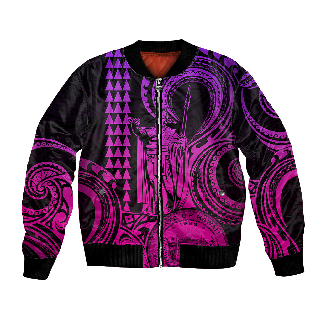 King Kamehameha Day Hawaii Bomber Jacket Paradise of the Pacific Tribal Kakau with Kanaka Maoli - Pink Gradient LT9 Unisex Pink Gradient - Polynesian Pride