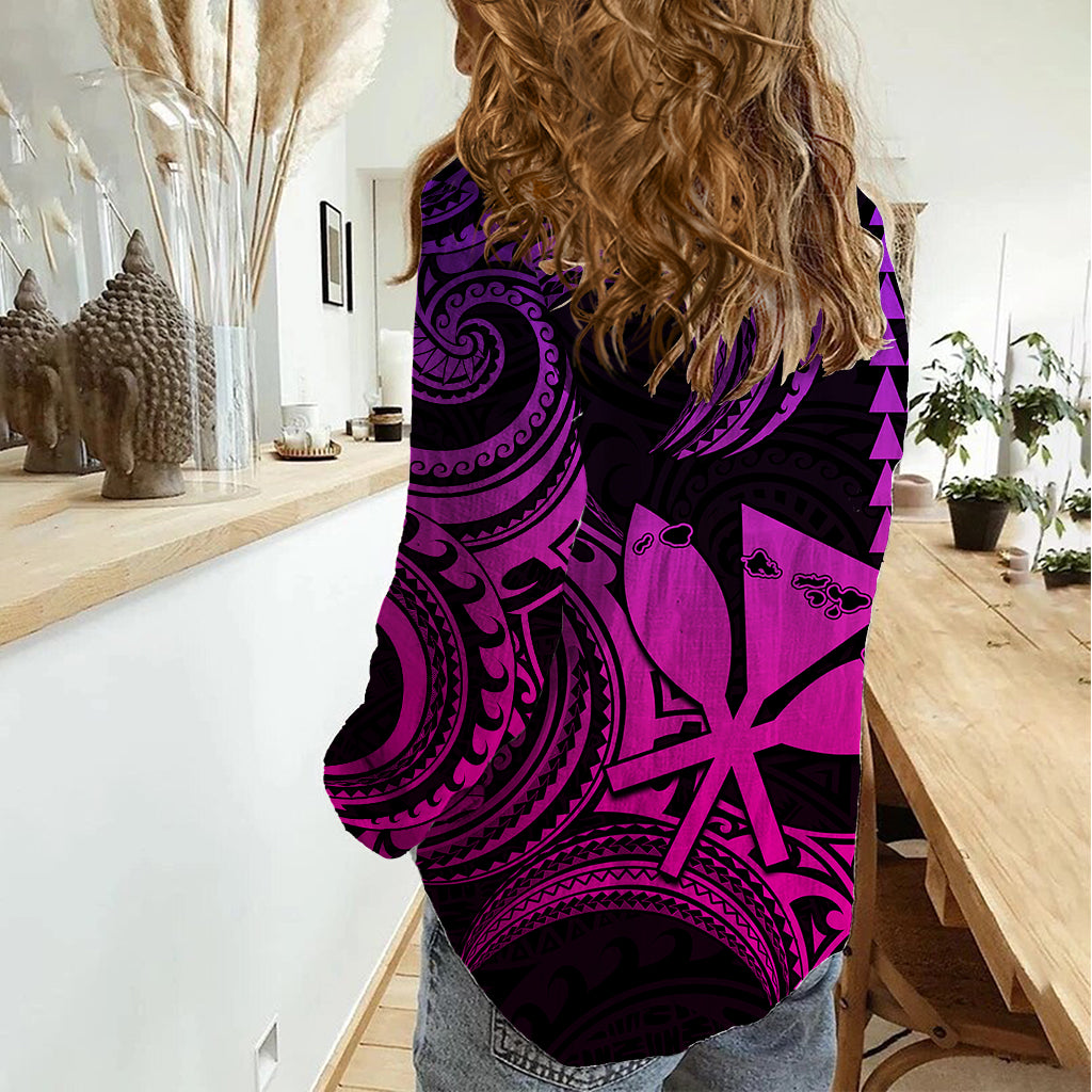 King Kamehameha Day Hawaii Women Casual Shirt Paradise of the Pacific Tribal Kakau with Kanaka Maoli - Pink Gradient LT9 - Polynesian Pride